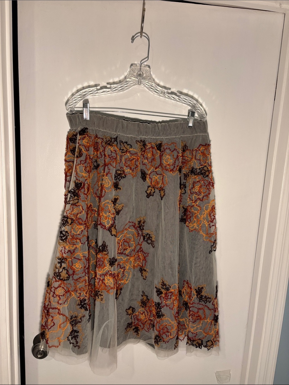 Women's Gray-Toned Tulle Skirt with Autumn Floral Embroidery